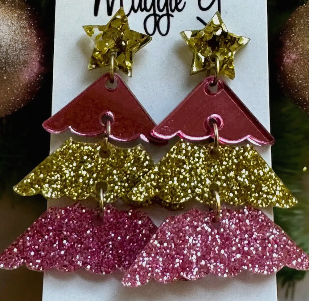 Christmas Tree Earring Pink/Gold Glitter