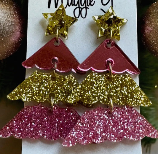 Christmas Tree Earring Pink/Gold Glitter