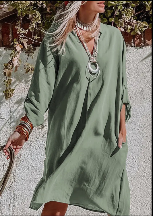 Green Roll-TabFlowy Casual Dress