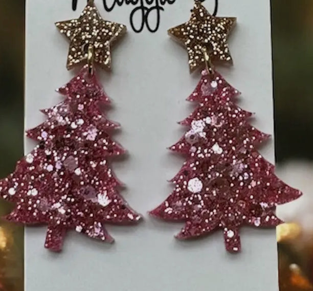 Christmas Tree Earring Gold/Pink