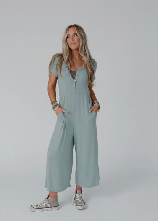 Simply Comfort Short Sleeve Jumpsuit / Sage