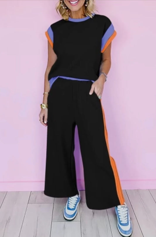 Black Color Block Casual Set/pockets