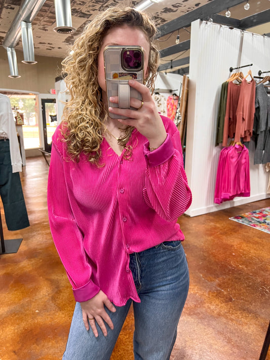 Pink pleated Button Down Top