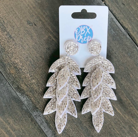 Beaded Ivory Leaf Drop Earrings