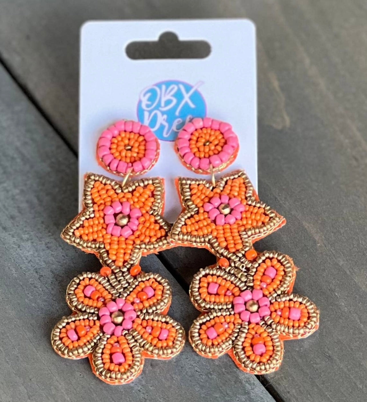 Orange + Pink Flower Beaded Earrings