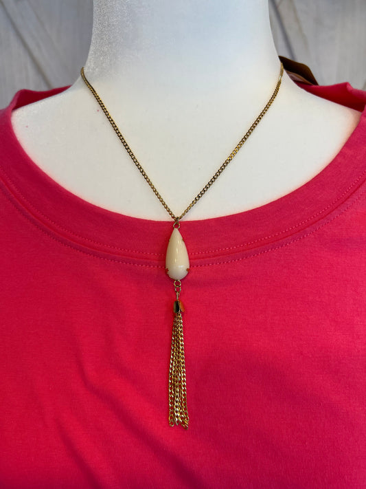 Gold Cream Stone Tassel Necklace